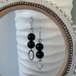 Onyx Beaded Earrings with Oval Stainless Steel Charms